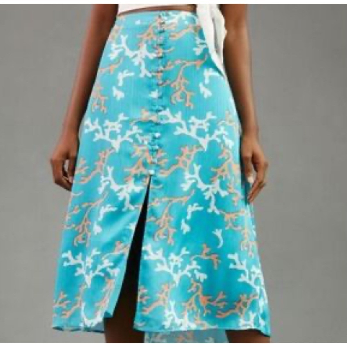 Maeve Anthropologie Teal Coral Reef Print Button Front Midi Skirt Womens Size 2